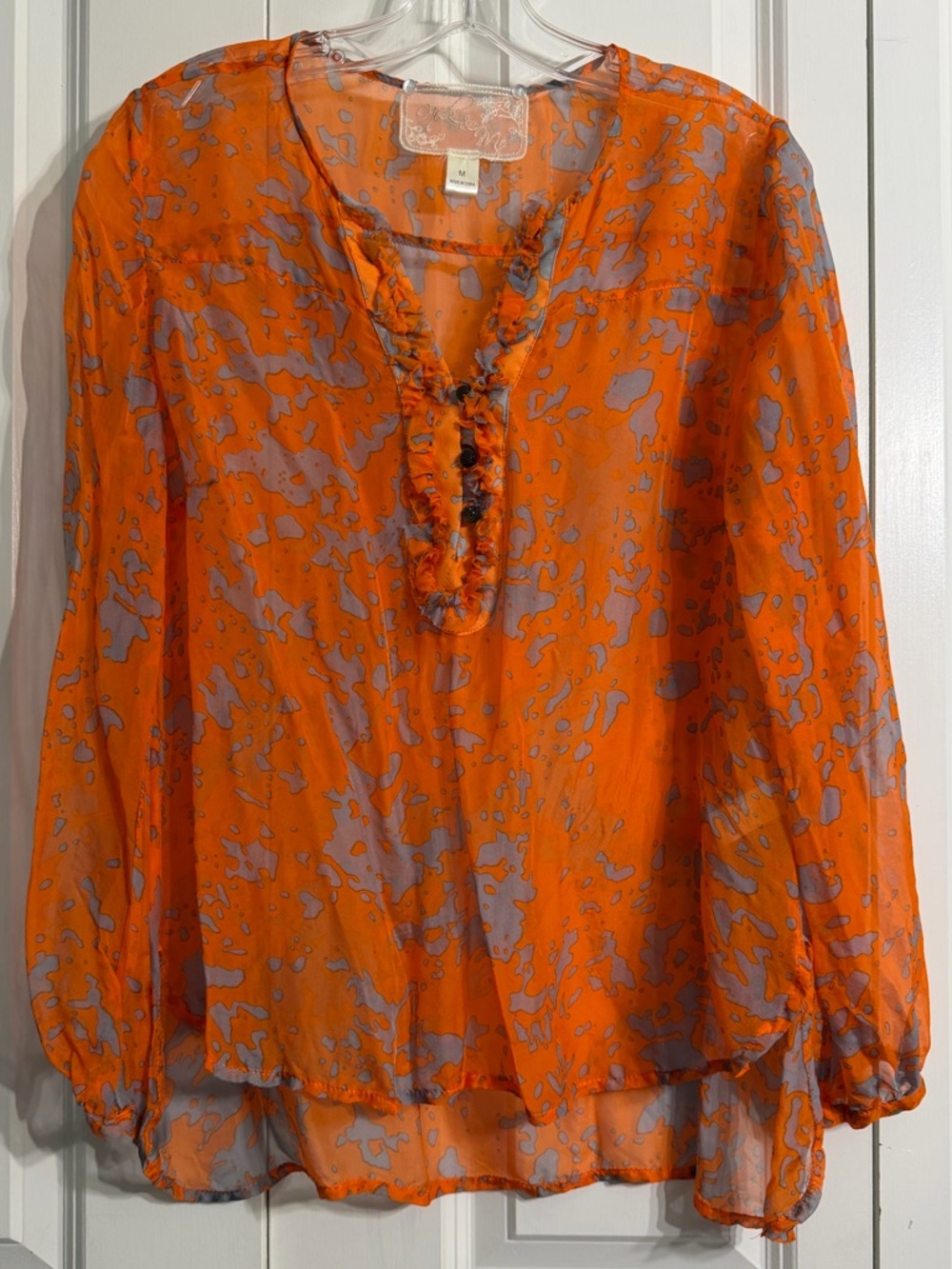 Nick & Mo Women's Orange Silk Long Sleeve Abstract Pattern Sheer Blouse Size M